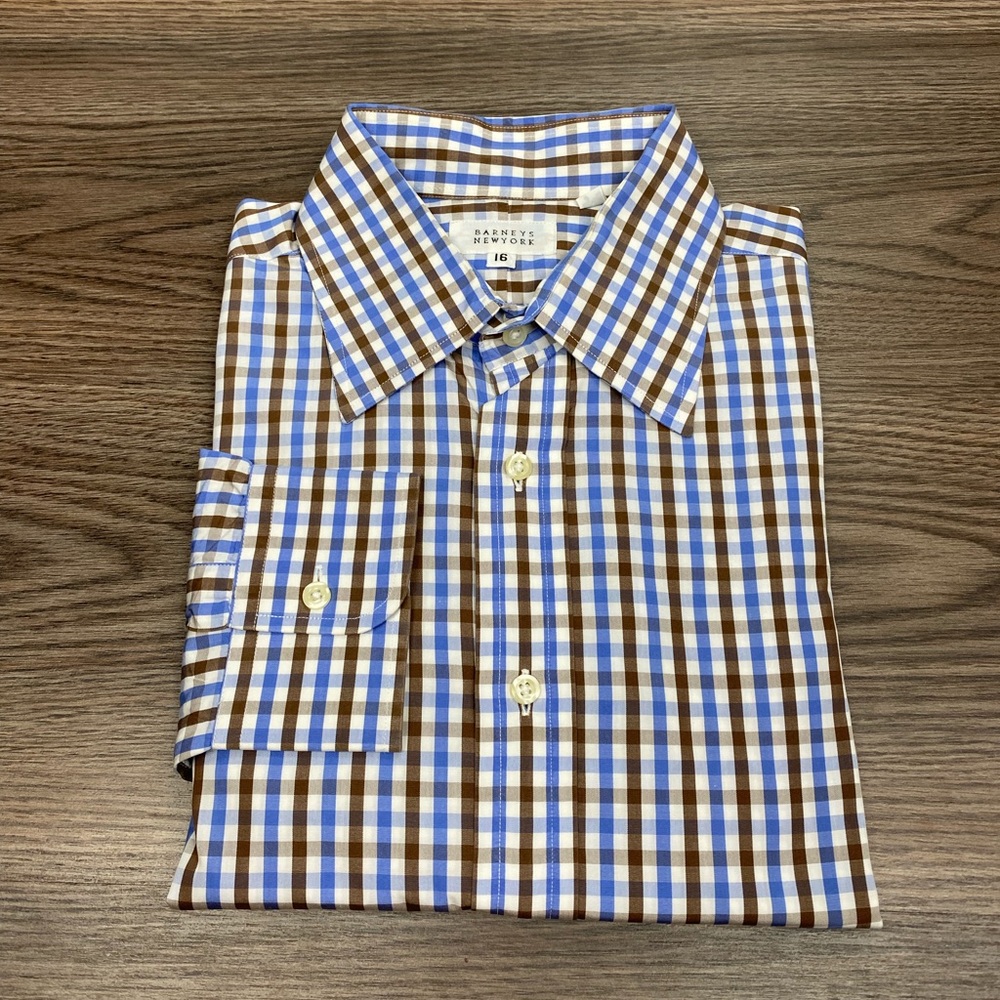 Barneys New York Blue and Brown Plaid Dress Shirt